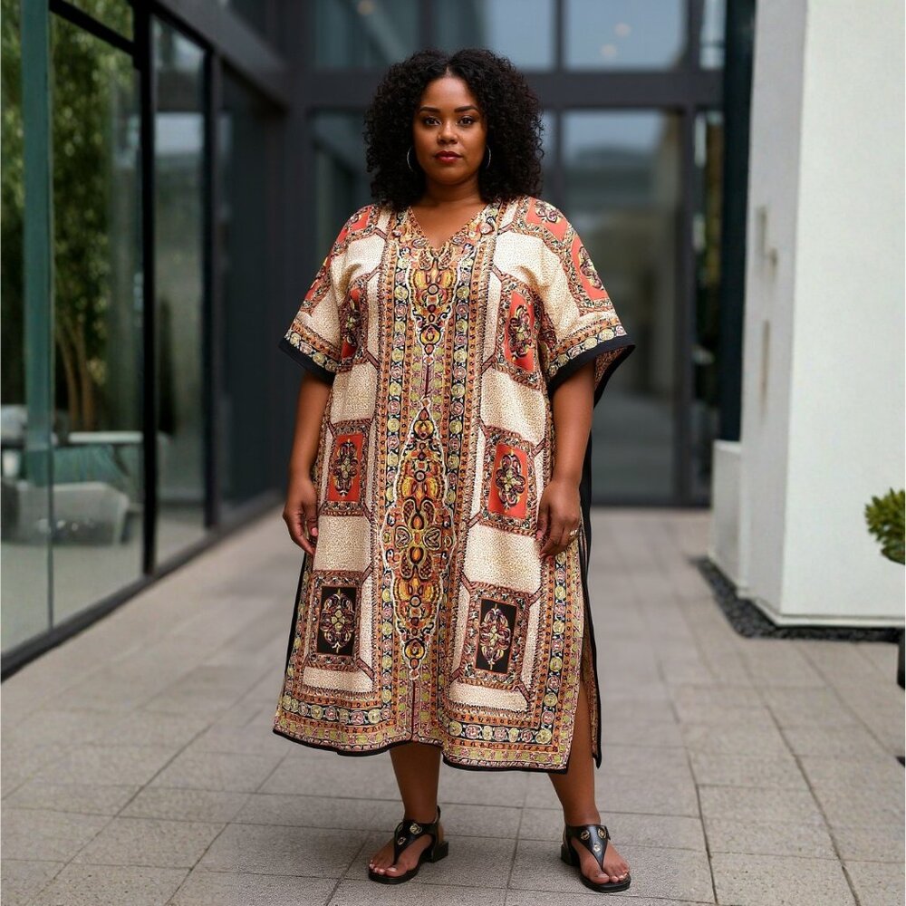 Beige Geometric Print Cover Up Caftan Dress Summer Beach Maxi Dresses Mother Day